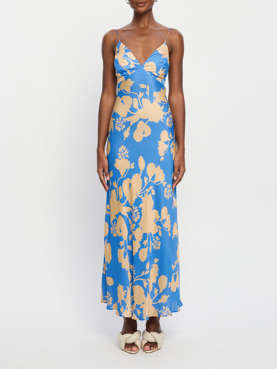 Aurora Strappy Maxi Dress KIVARI Model wears blue floral maxi dress