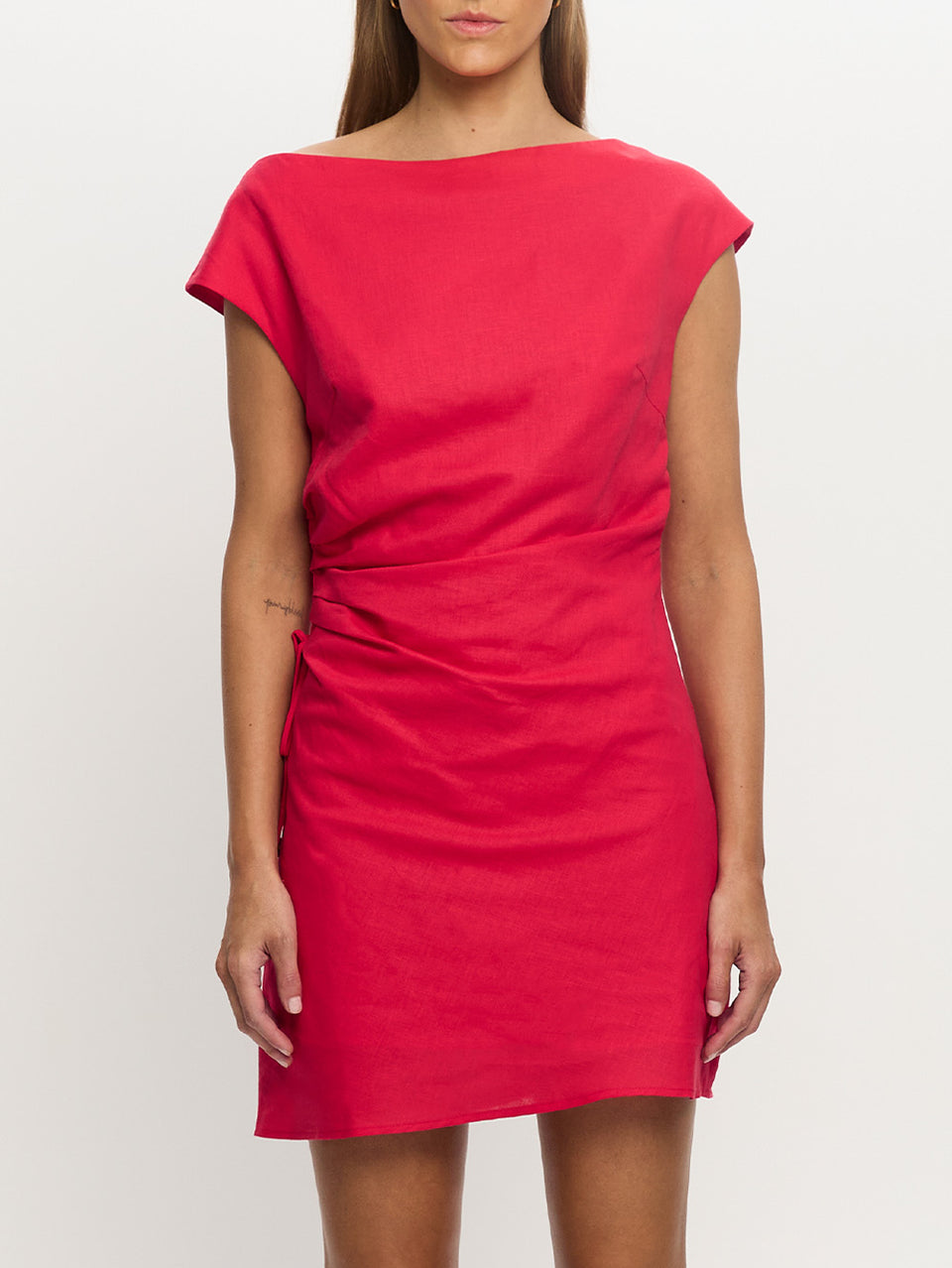 Woman in mini red dress