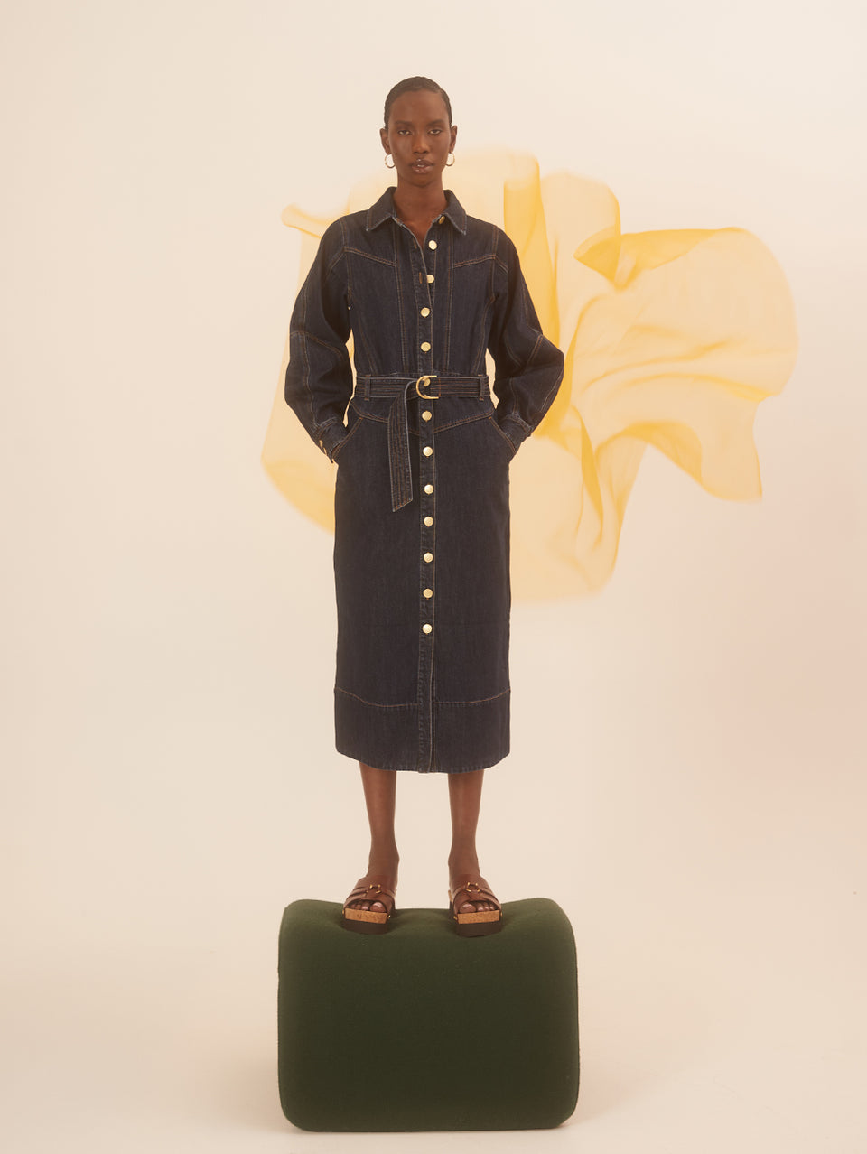 Bonny Midi Dress KIVARI | Model wears navy denim midi dress campaign