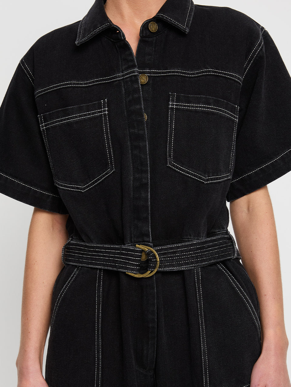 Brae Boilersuit Black KIVARI | Model wears black boilersuit close up