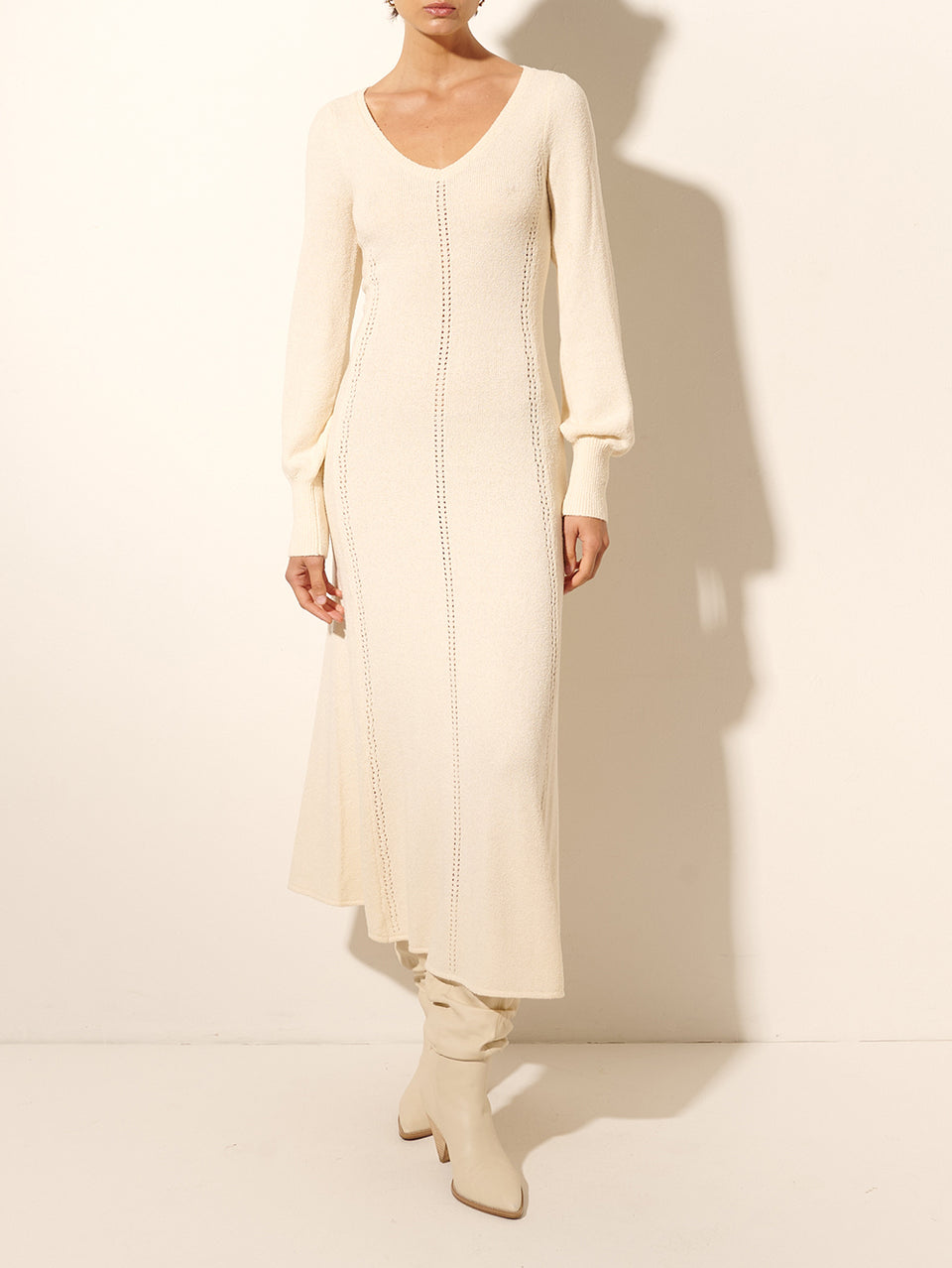 Cali Knit Dress KIVARI | Model wears cream knit midi dress
