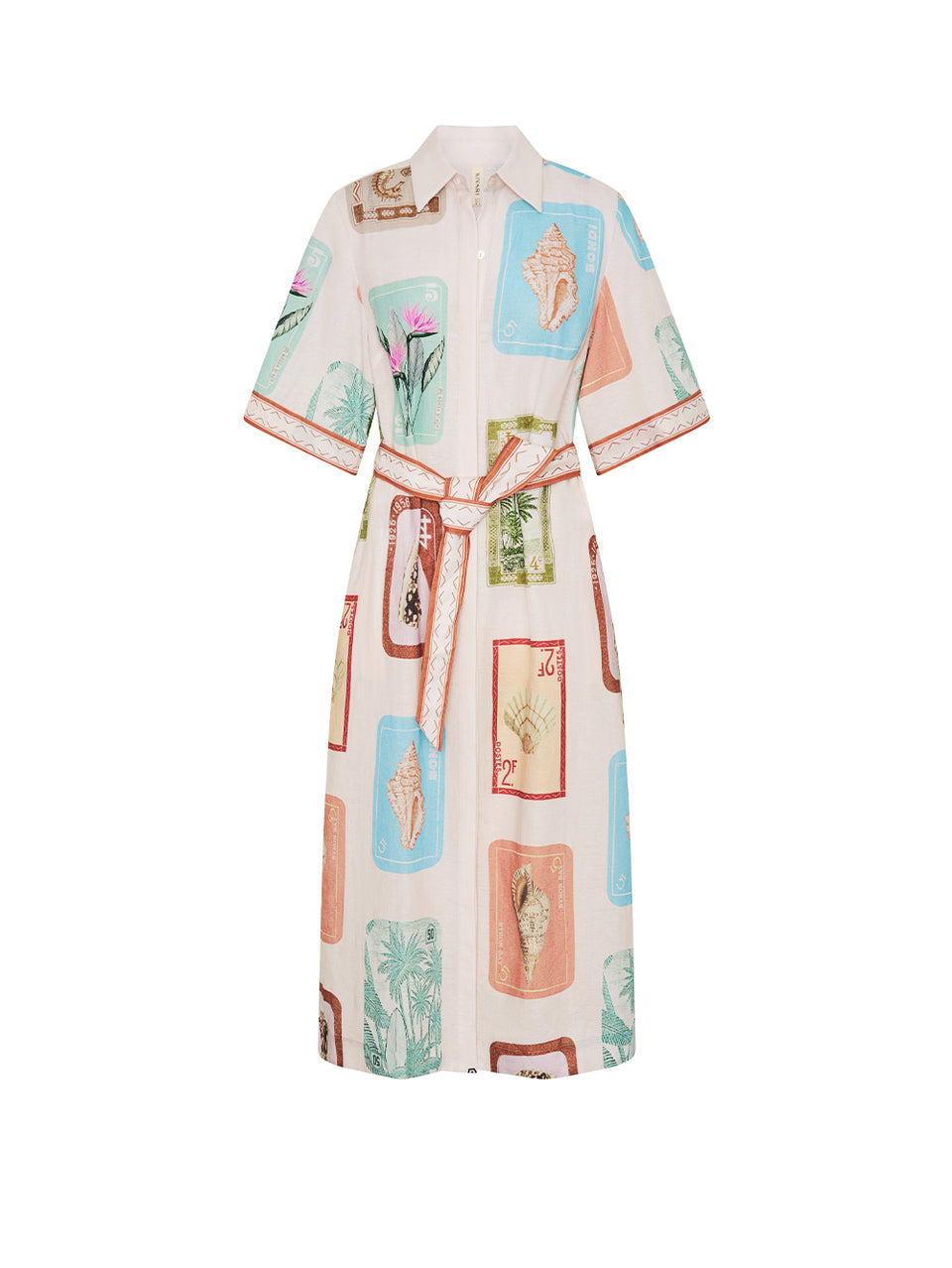 White dress with colorful abstract pattern on a white background