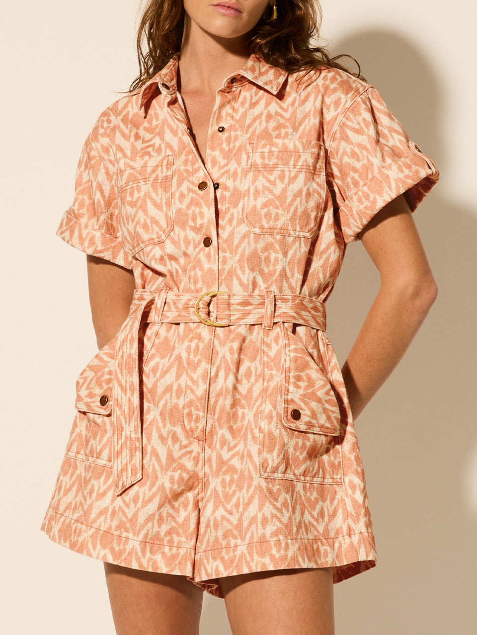Elisa Playsuit KIVARI | Model wears ikat print playsuit close up