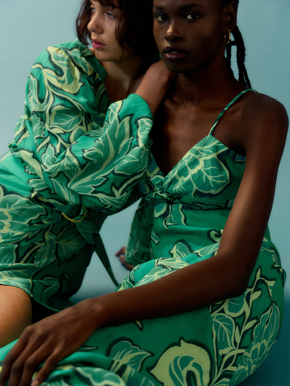 Fiora Maxi Dress KIVARI | Model wears green floral maxi dress campaign