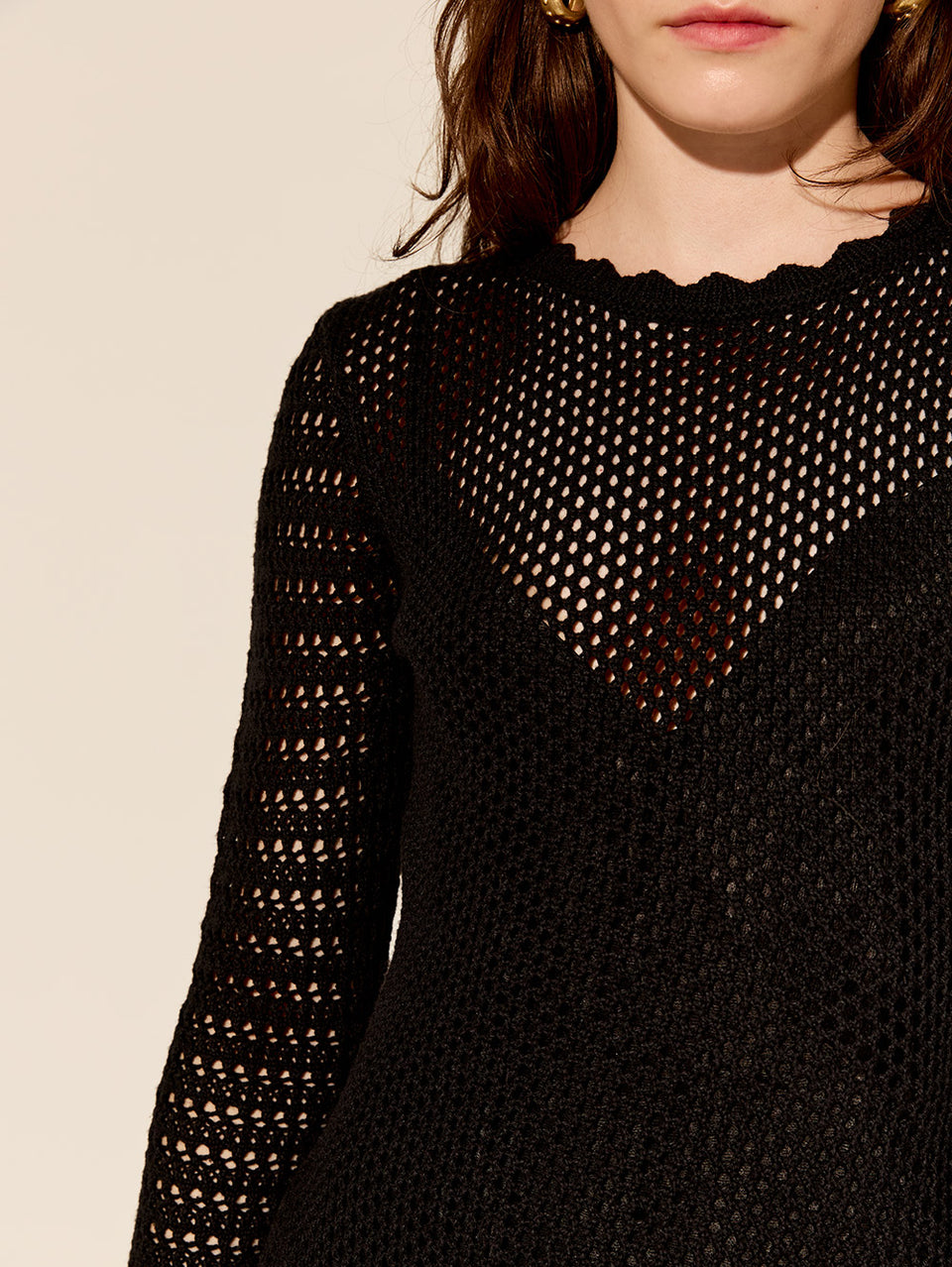 Ingrid Midi Dress Black KIVARI | Model wears black knit midi dress close up