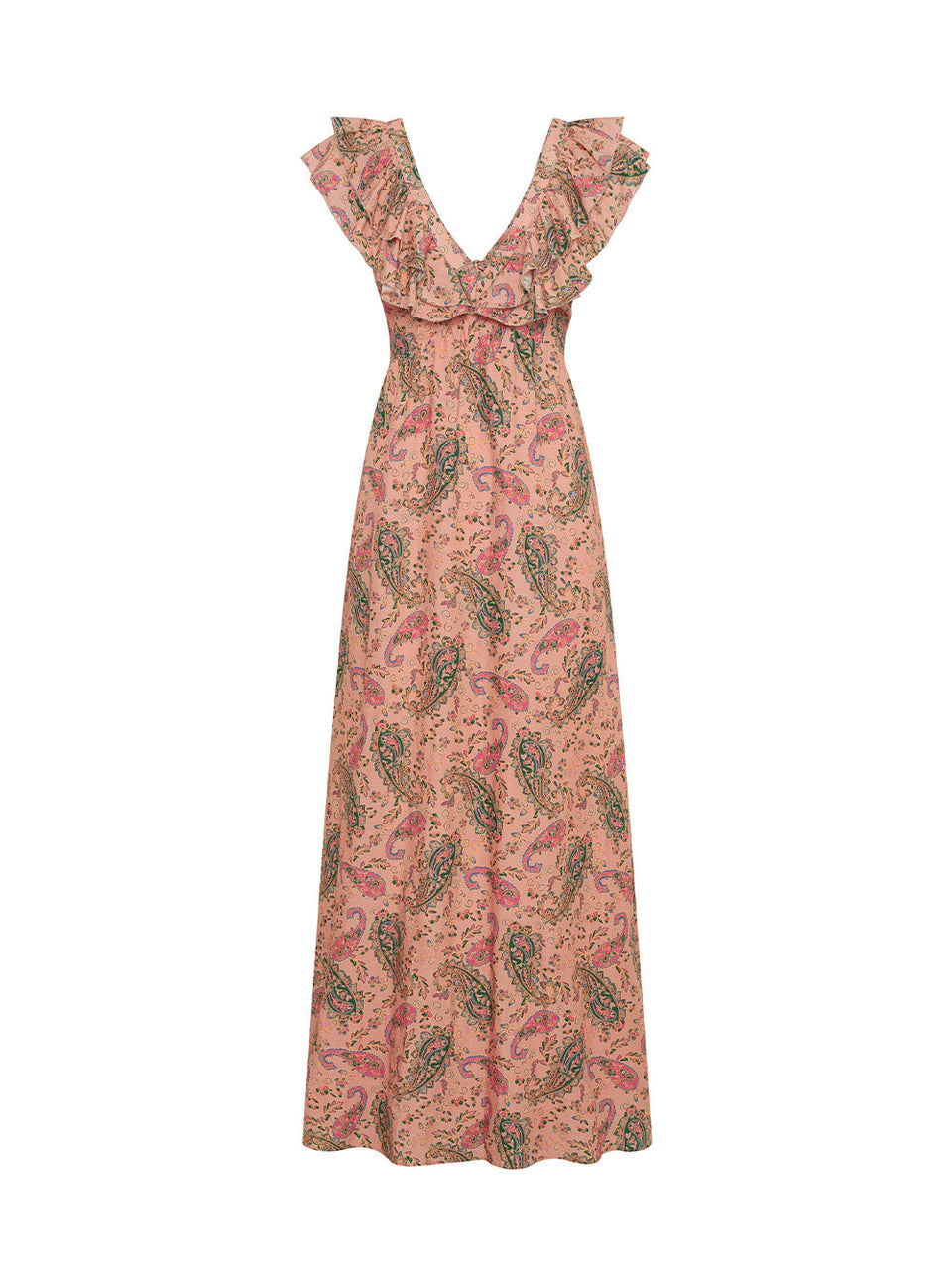 Isha Ruffle Maxi Dress KIVARI | Ruffle pink paisley maxi dress 