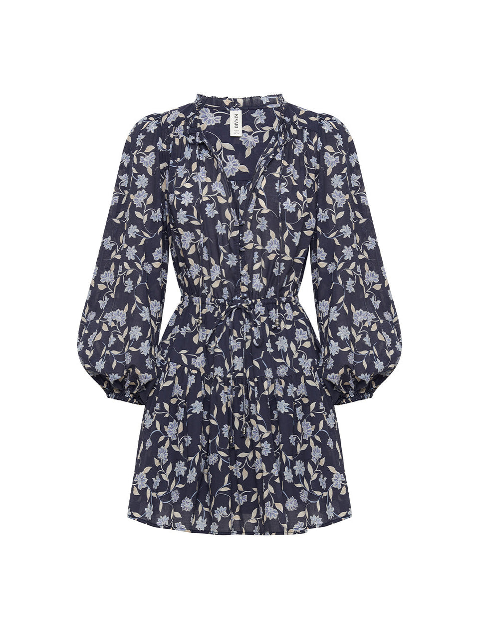 Ghost image of KIVARI Jeanne Mini Dress: A navy and sky blue floral dress made from cotton and featuring a button front, elasticated waist tie, full-length blouson sleeves and frill collar detail.