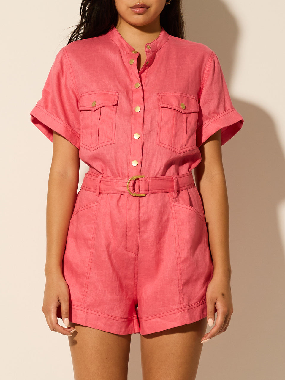Jenna Playsuit KIVARI | Model wears pink playsuit close up