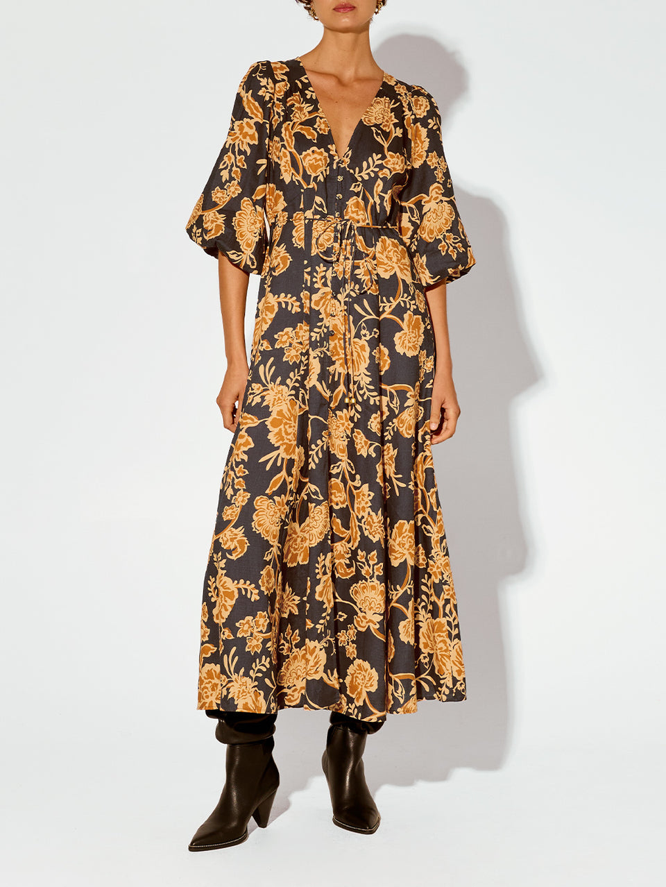 Kaia Maxi Dress KIVARI | Model wears orange and black floral maxi dress
