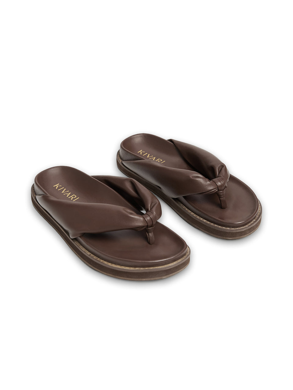 Pair of brown sandals with 'Kiavri' branding on a white background