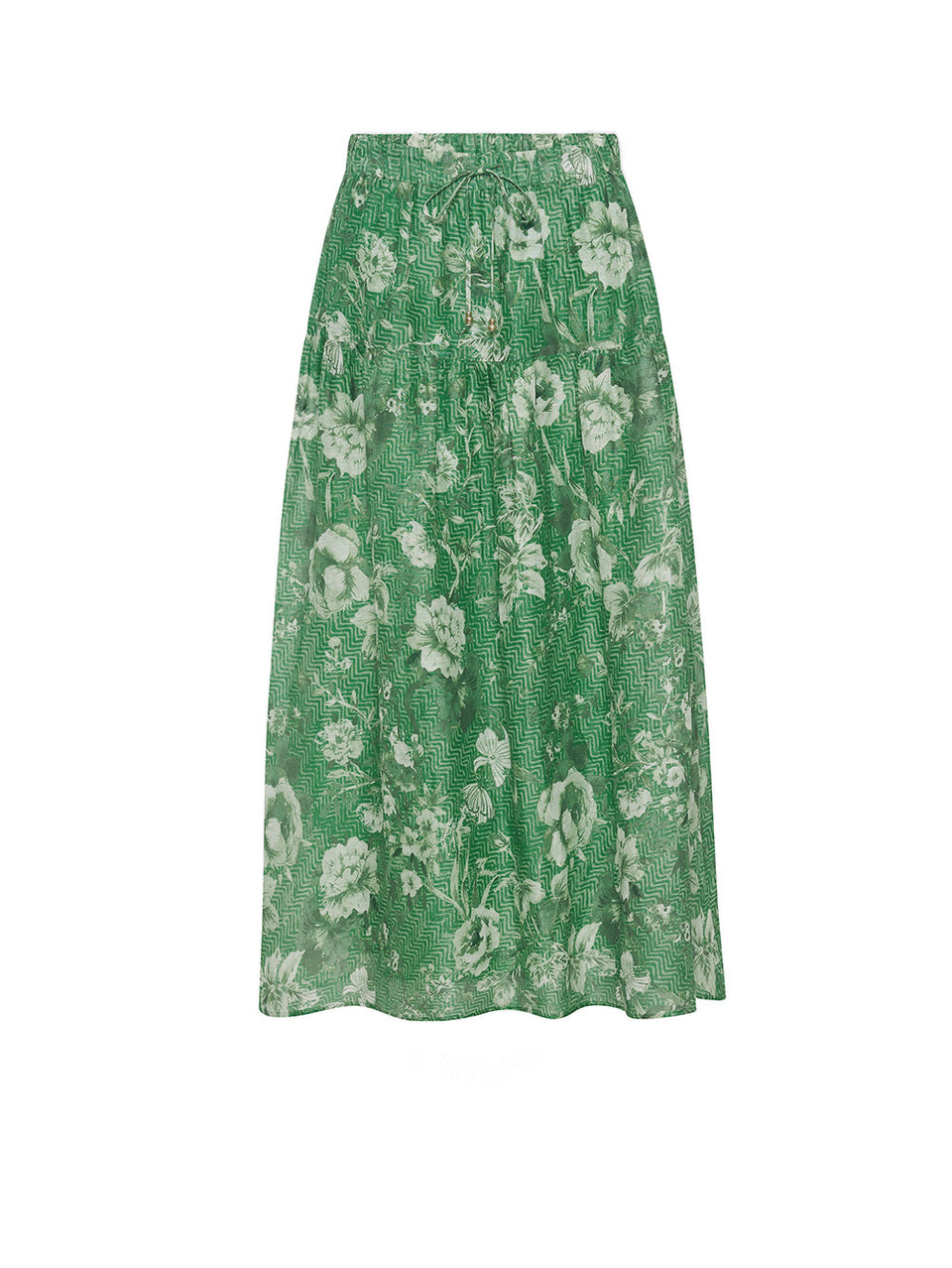 Ghost image of KIVARI Khalo Midi Skirt: A green floral midi skirt featuring an elasticated drawstring waist with gold bead ends and a gathered tiered skirt.