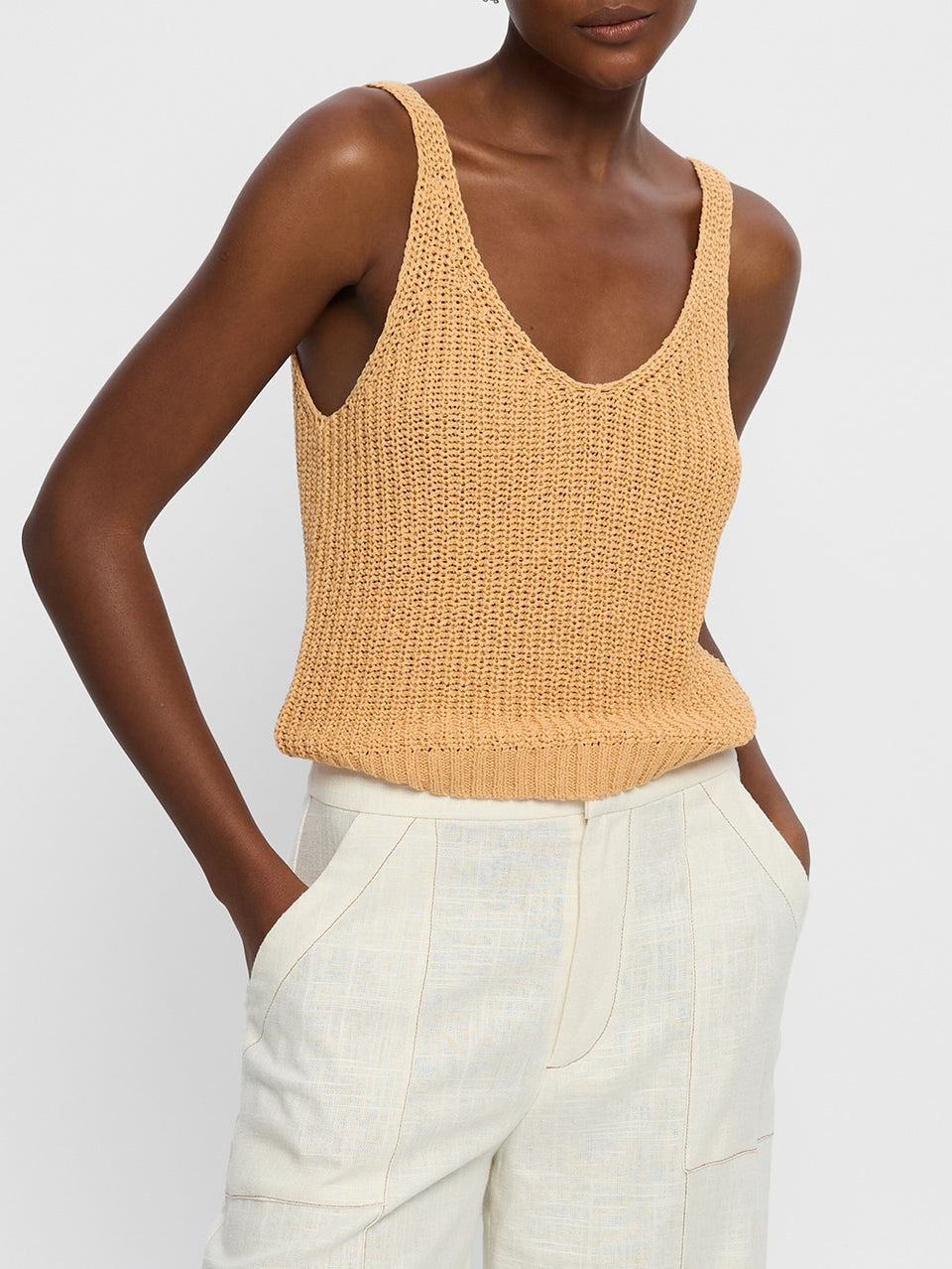 Lana Knit Cami Tan KIVARI | Model wears burnt orange knit cami top