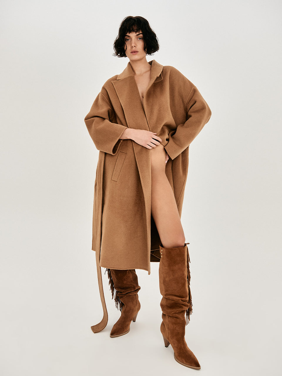 Myah Fringe Boot Tan KIVARI | Tan suede leather knee high boot campaign