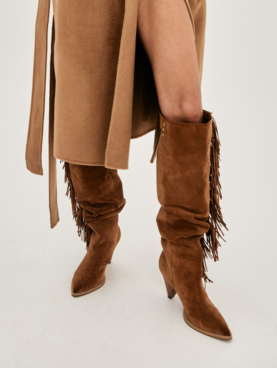 Myah Fringe Boot Tan KIVARI | Tan suede leather knee high boot campaign