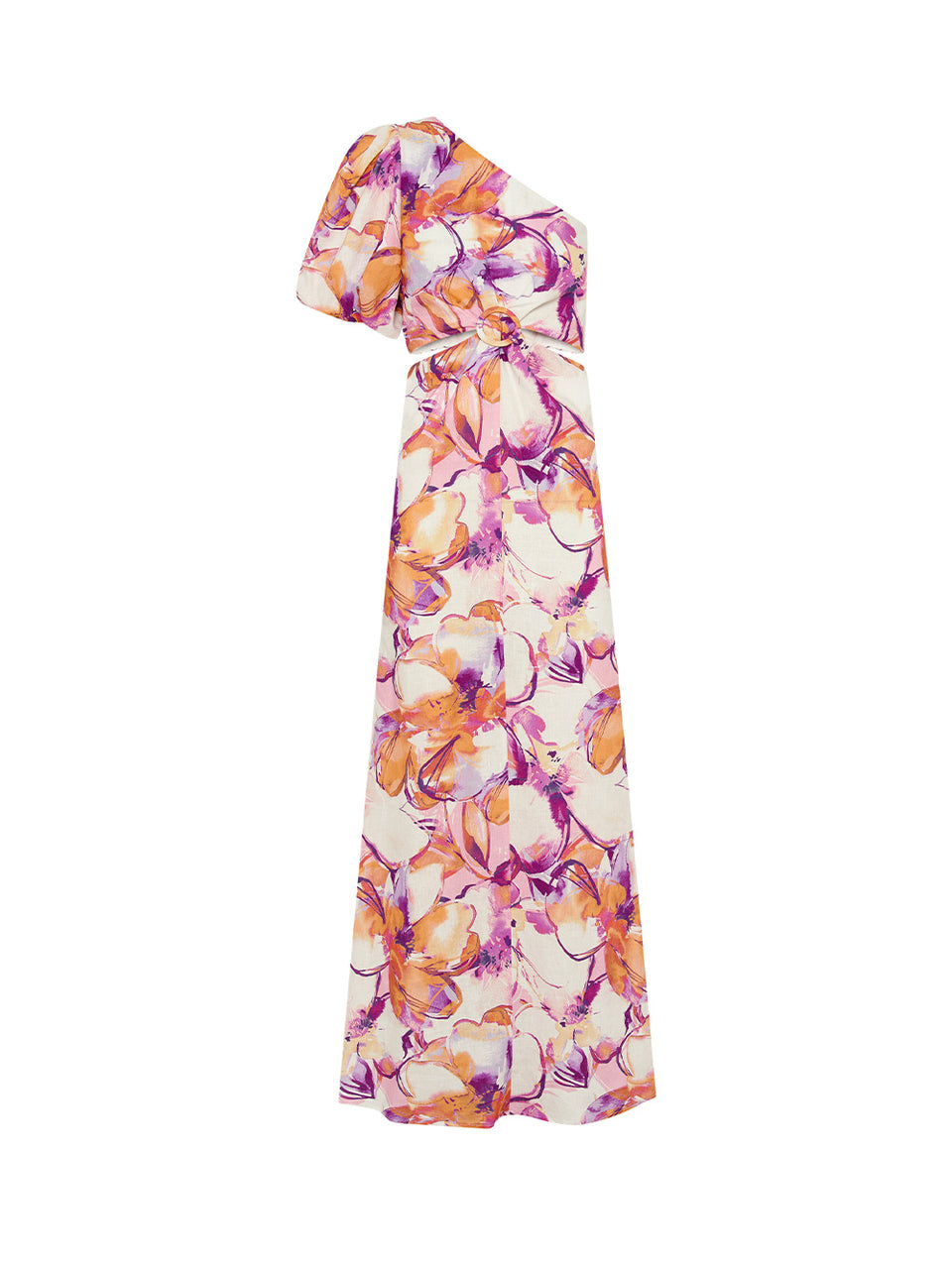 Nadia One Shoulder Midi Dress KIVARI | Pink and orange watercolour floral midi dress