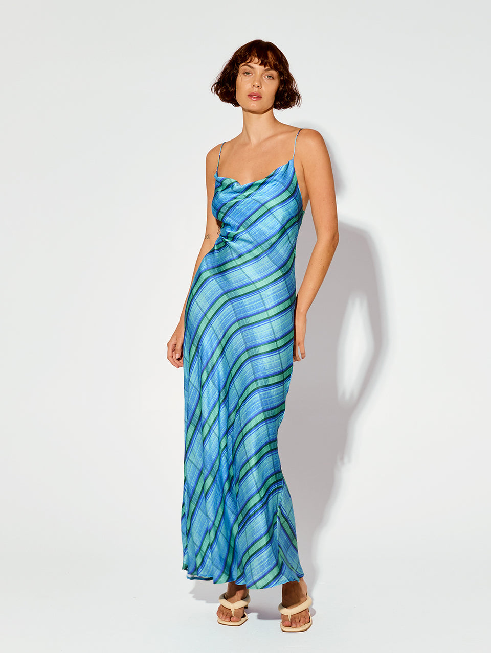 Oceana Slip Dress KIVARI | Model wears blue check print slip dress