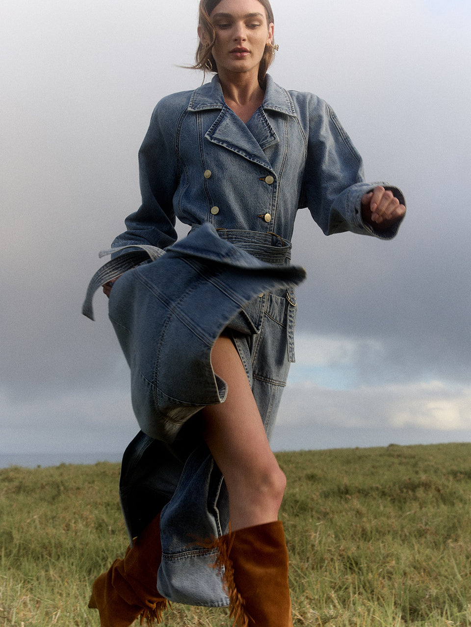 Olivia Denim Trench KIVARI | Model wears denim trenchcoat campaign