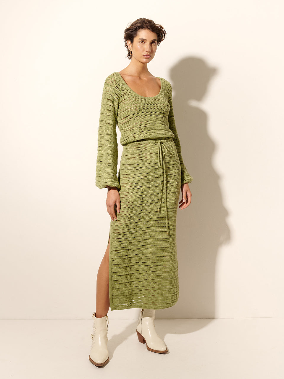 Pepe Knit Dress Avocado KIVARI | Model wears avocado green knit maxi dress