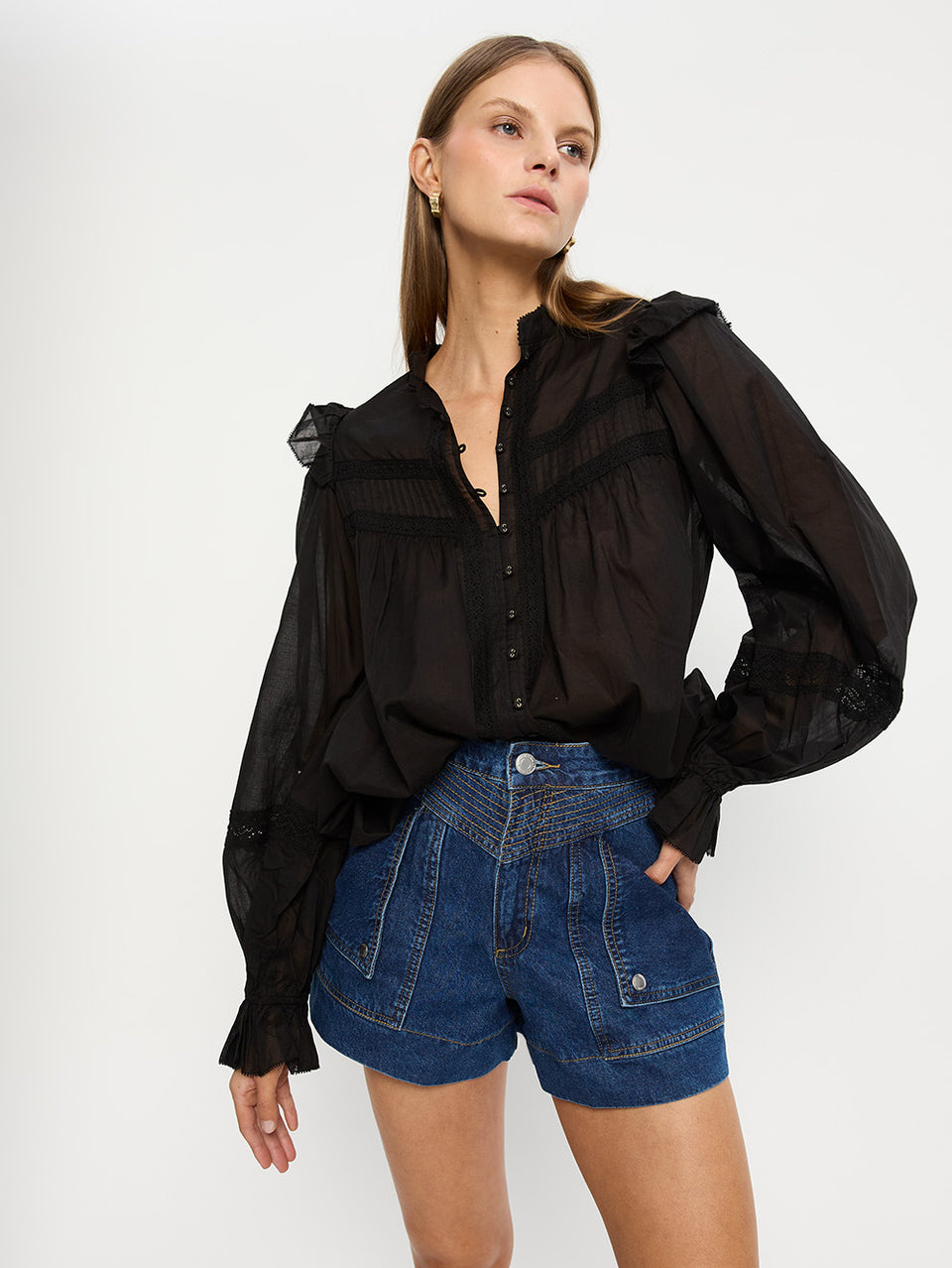 Celene Denim Short Indigo | Model wears blue denim short with Black top