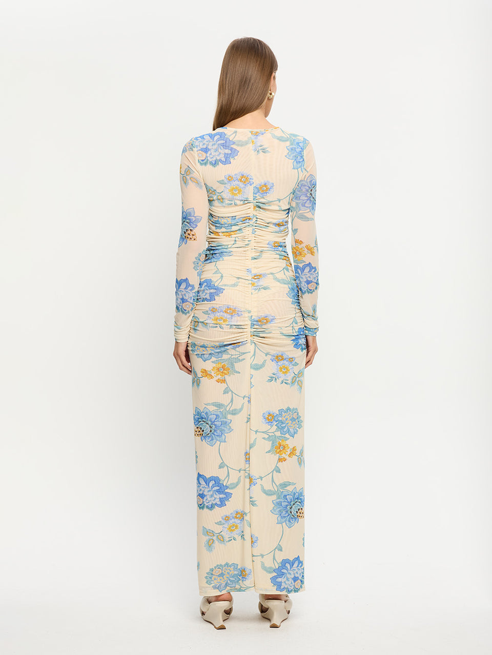 Giselle Mesh Maxi Dress KIVARI | Model wears blue and yellow mesh maxi dress