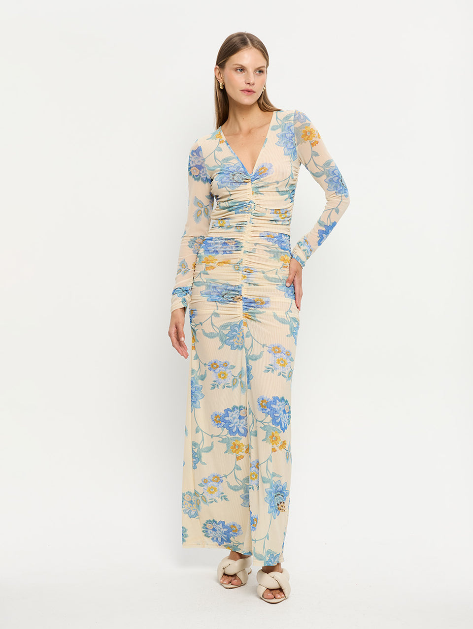 Giselle Mesh Maxi Dress KIVARI | Model wears blue and yellow mesh maxi dress