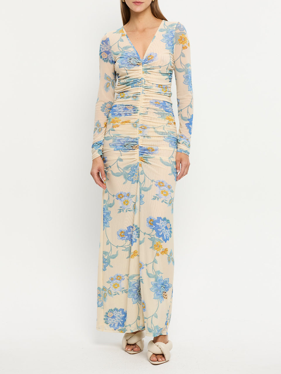 Giselle Mesh Maxi Dress KIVARI | Model wears blue and yellow mesh maxi dress
