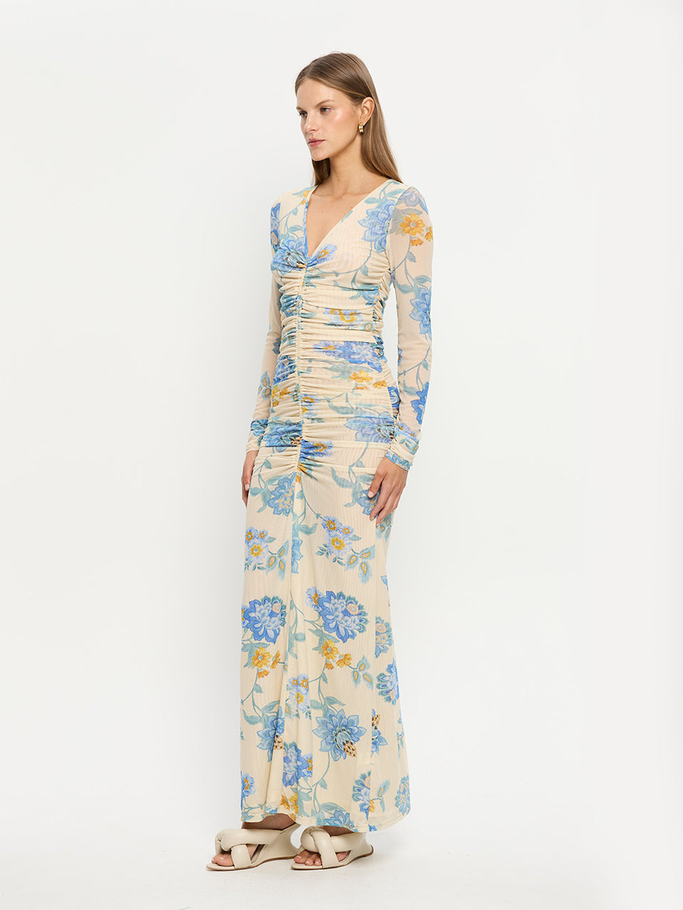 Giselle Mesh Maxi Dress KIVARI | Model wears blue and yellow mesh maxi dress
