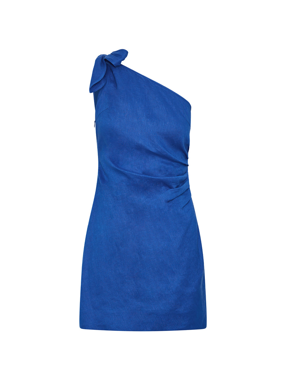 Blue one-shoulder dress with a bow detail on a white background