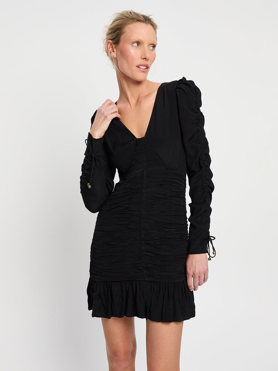 Scarlett Gathered Mini Dress Black KIVARI | Model wears black mini dress