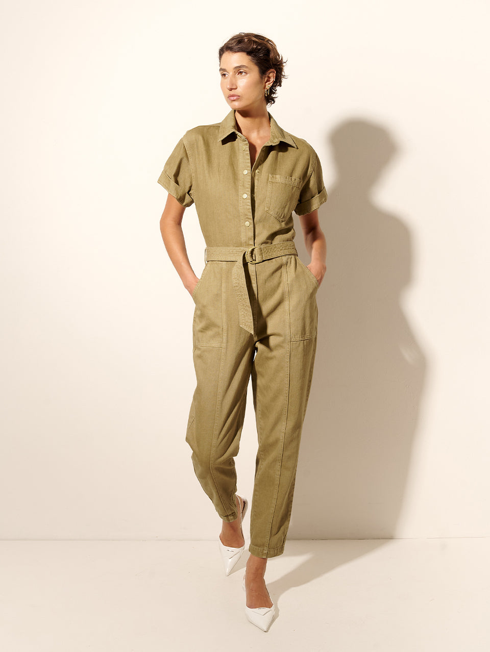 Tahlia Boilersuit Khaki KIVARI | Model wears khaki green denim boilersuit