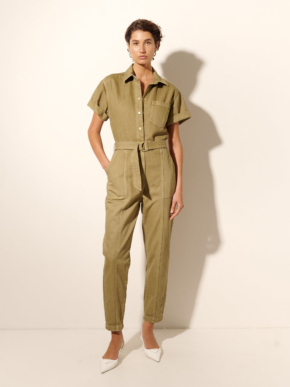 Tahlia Boilersuit Khaki KIVARI | Model wears khaki green denim boilersuit