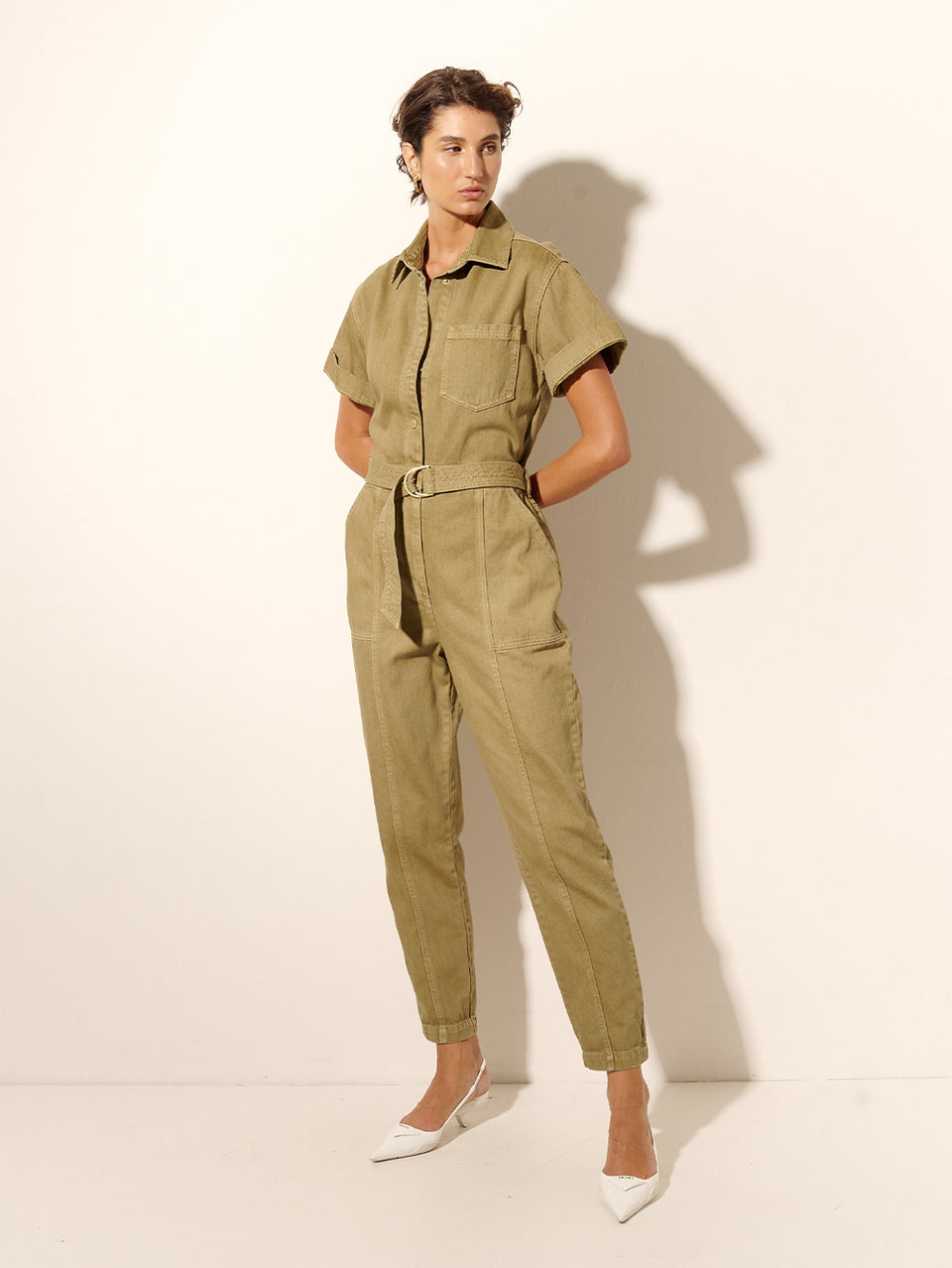 Tahlia Boilersuit Khaki KIVARI | Model wears khaki green denim boilersuit side view