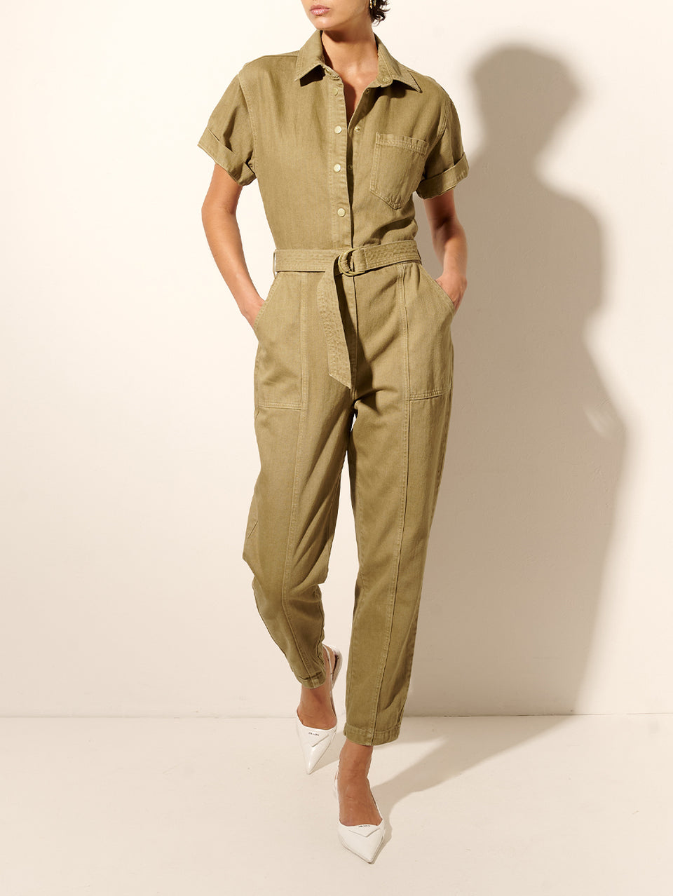 Tahlia Boilersuit Khaki KIVARI | Model wears khaki green denim boilersuit