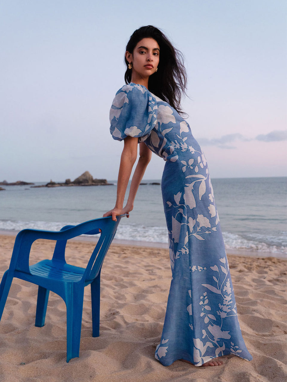 Woman blue and white floral dress