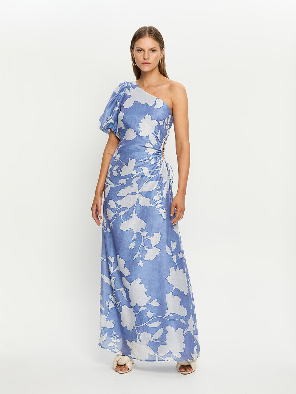 Woman blue and white floral dress