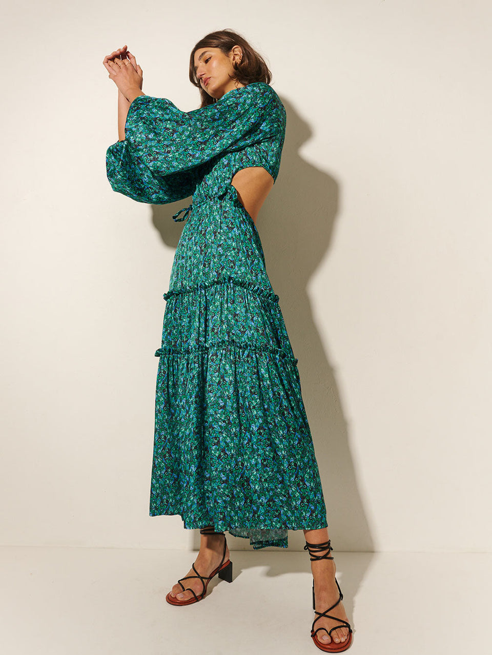KIVARI Acacia Maxi Dress | Model wears Green Floral Maxi Dress Side View