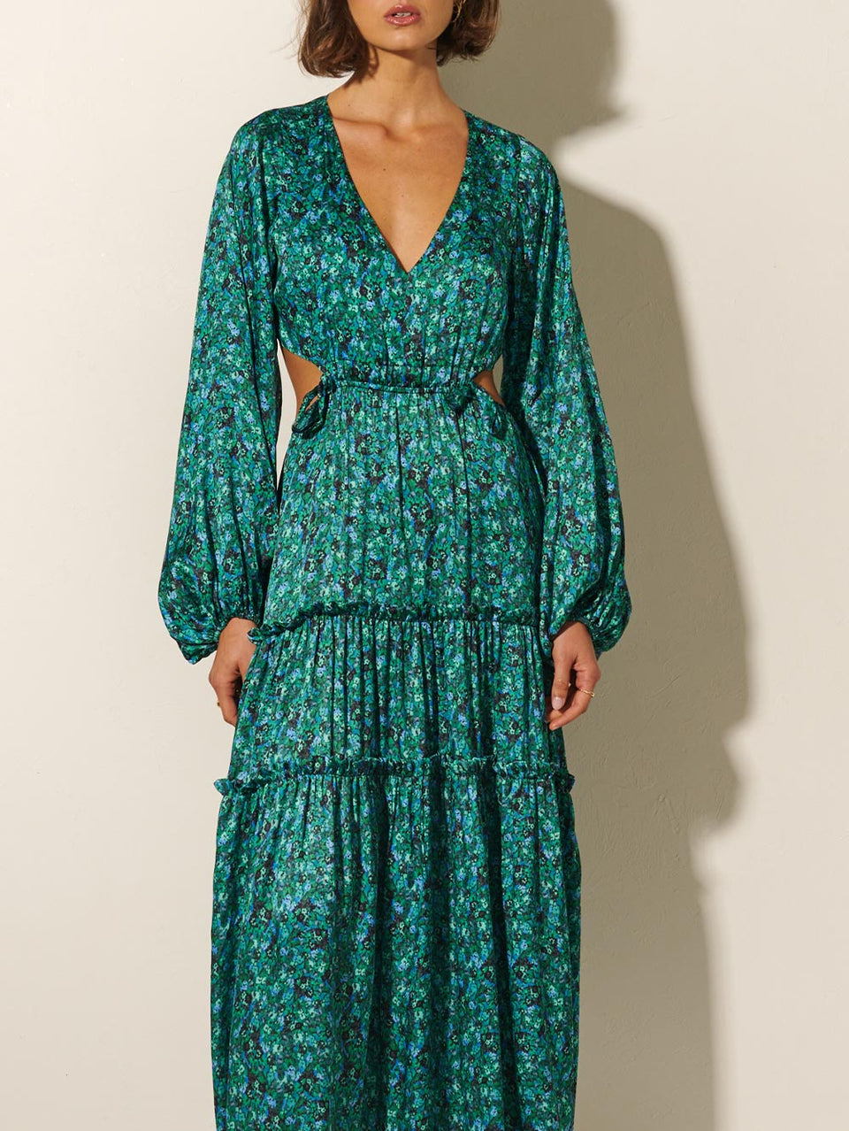 KIVARI Acacia Maxi Dress | Model wears Green Floral Maxi Dress Close Up