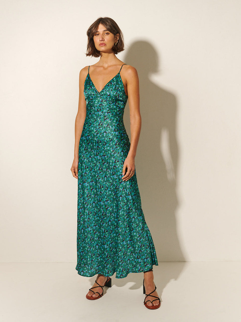 KIVARI Acacia Strappy Maxi Dress | Model wears Green Floral Maxi Dress 