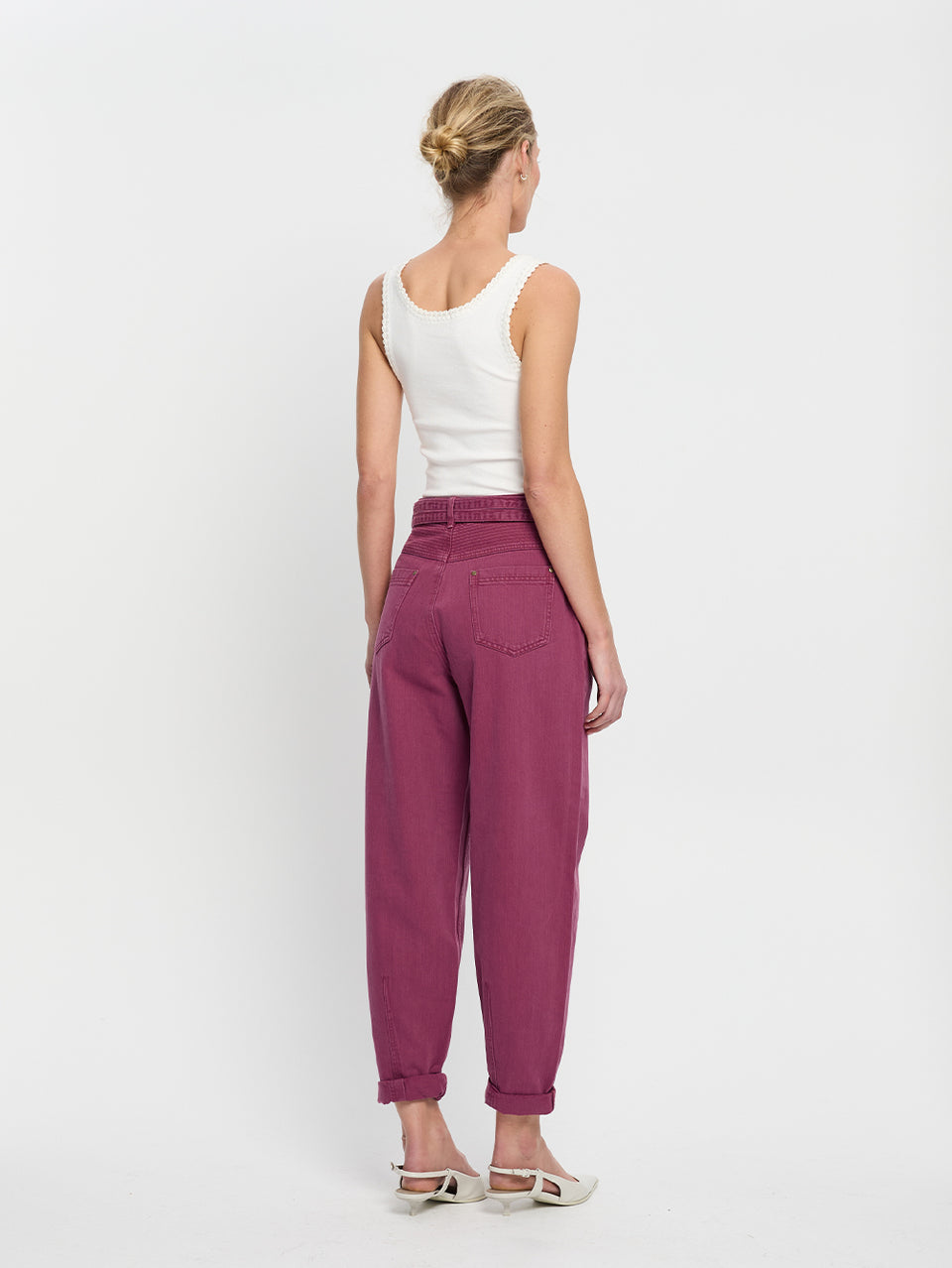 Adina Jean Burgundy KIVARI | Model wears purple jean back view