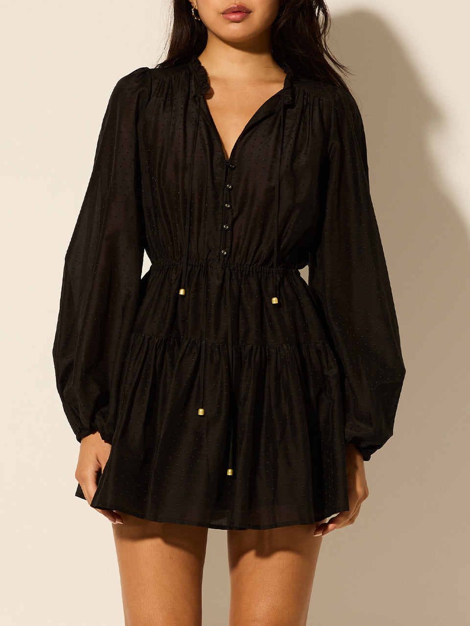 Alejandra Mini Dress KIVARI | Model wears black mini dress close up