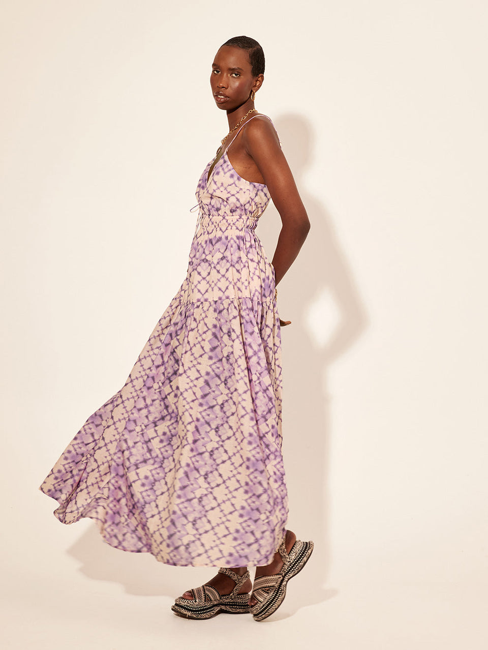 Alice Maxi Dress KIVARI | Model wears purple tie dye maxi dress side view