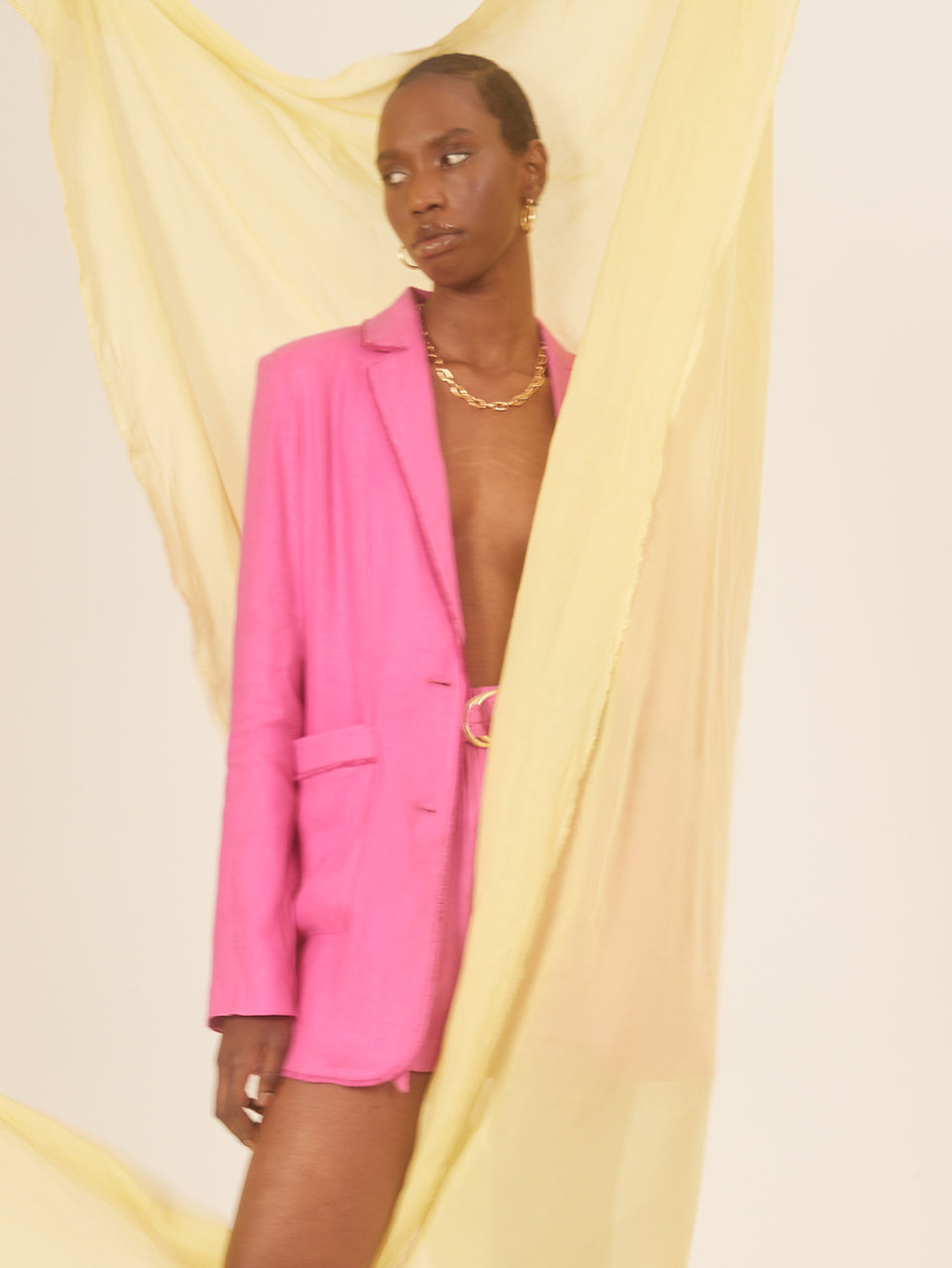 Angelina Jacket Pink KIVARI | Model wears hot pink jacket campaign