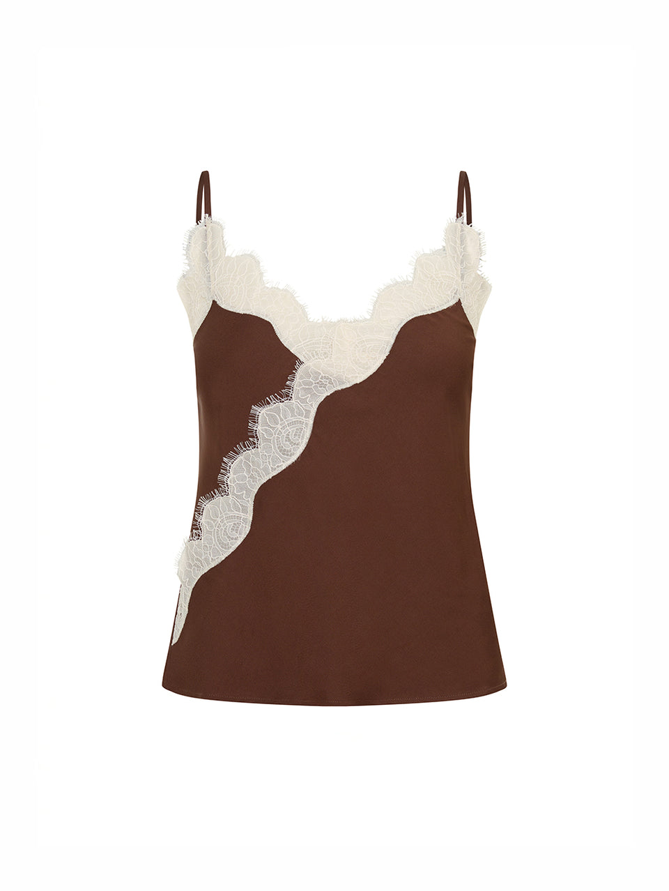 A brown camisole top with white lace trim along the scoop neckline and a diagonal lace panel on the front, shown against a plain white background.