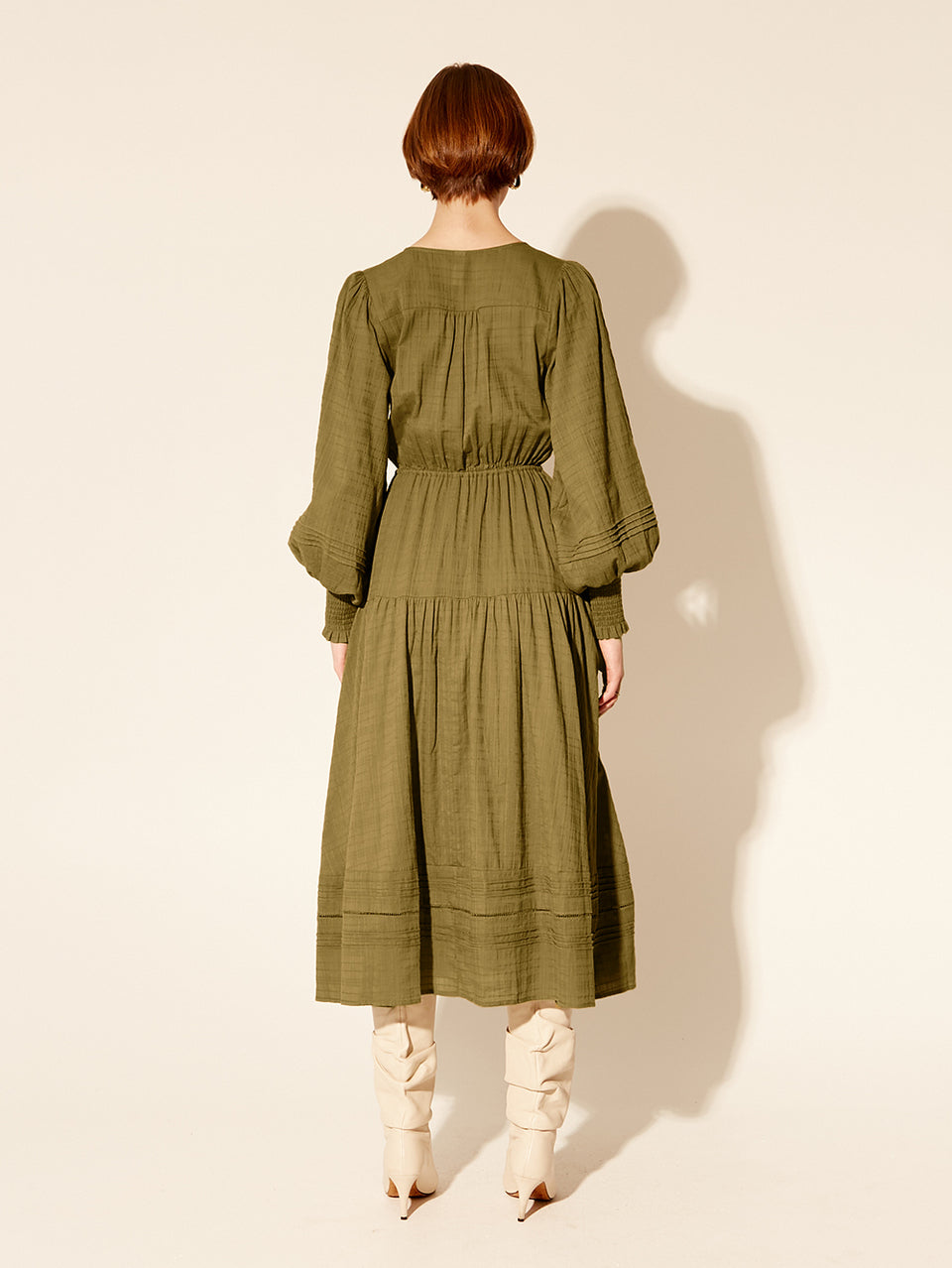 Antonella Maxi Dress KIVARI | Model wears khaki maxi dress back view