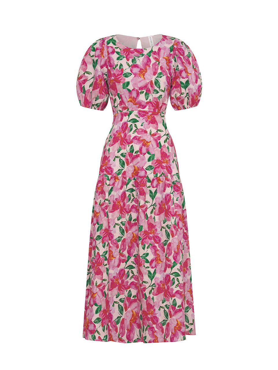 KIVARI Antonia Shirred Mini Dress | Model wearing Pink and Green Floral Mini Dress Antonia Maxi Dress |  Pink and Green Floral Dress