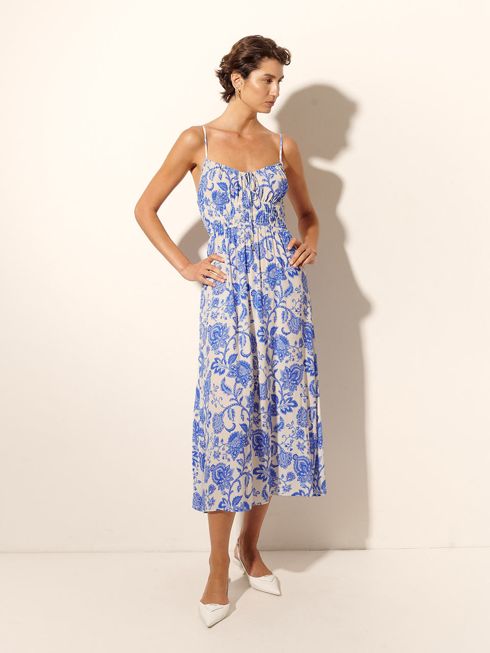 Athena Midi Dress KIVARI | Model wears blue and white paisley midi dress