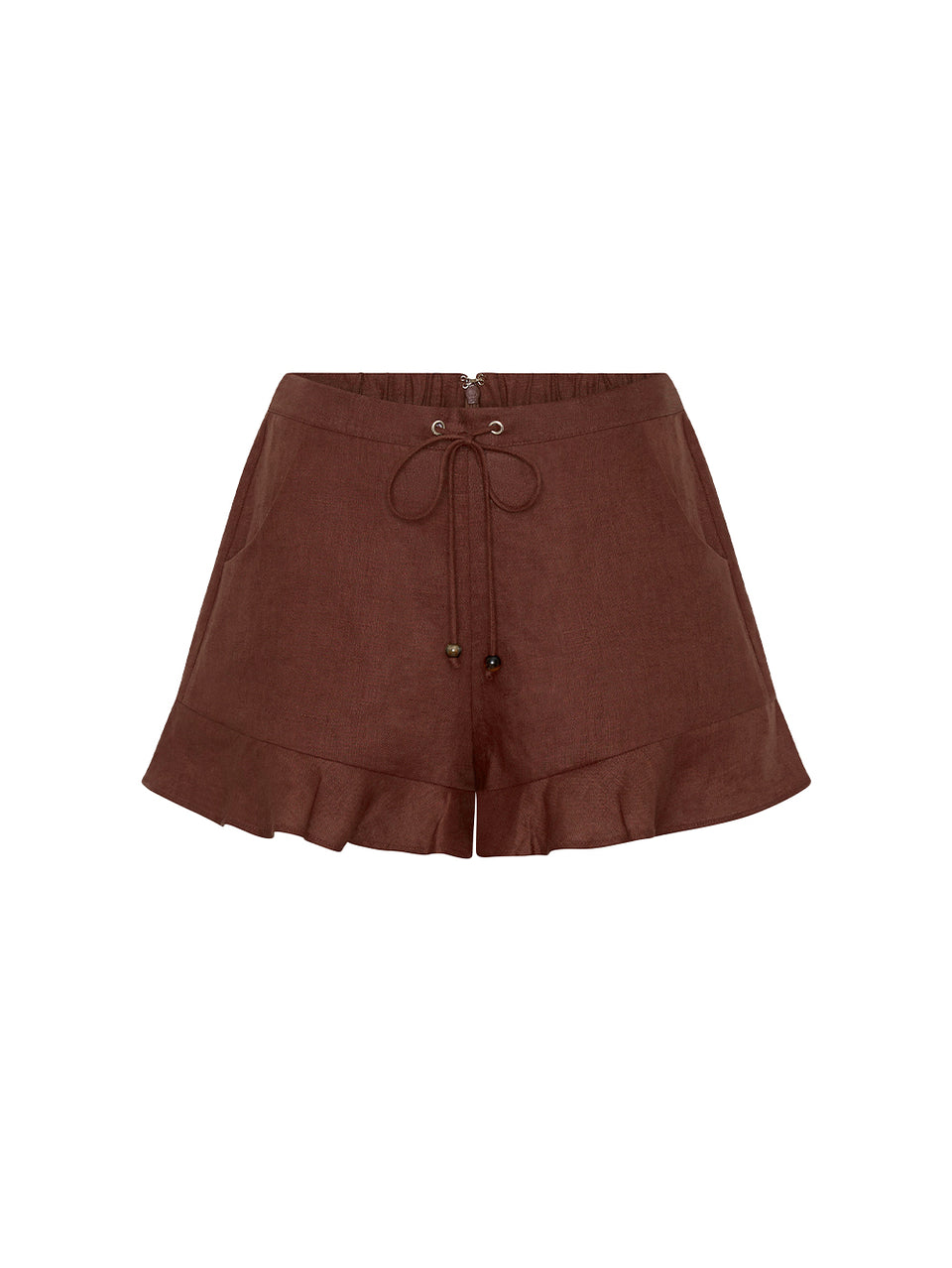 Brown shorts with a ruffled hem on a white background