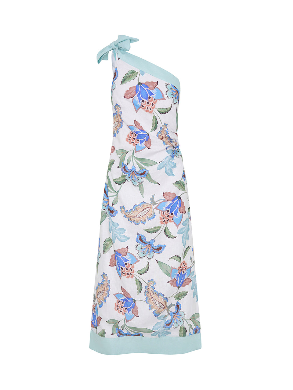 Floral one-shoulder dress with blue accents on a white background