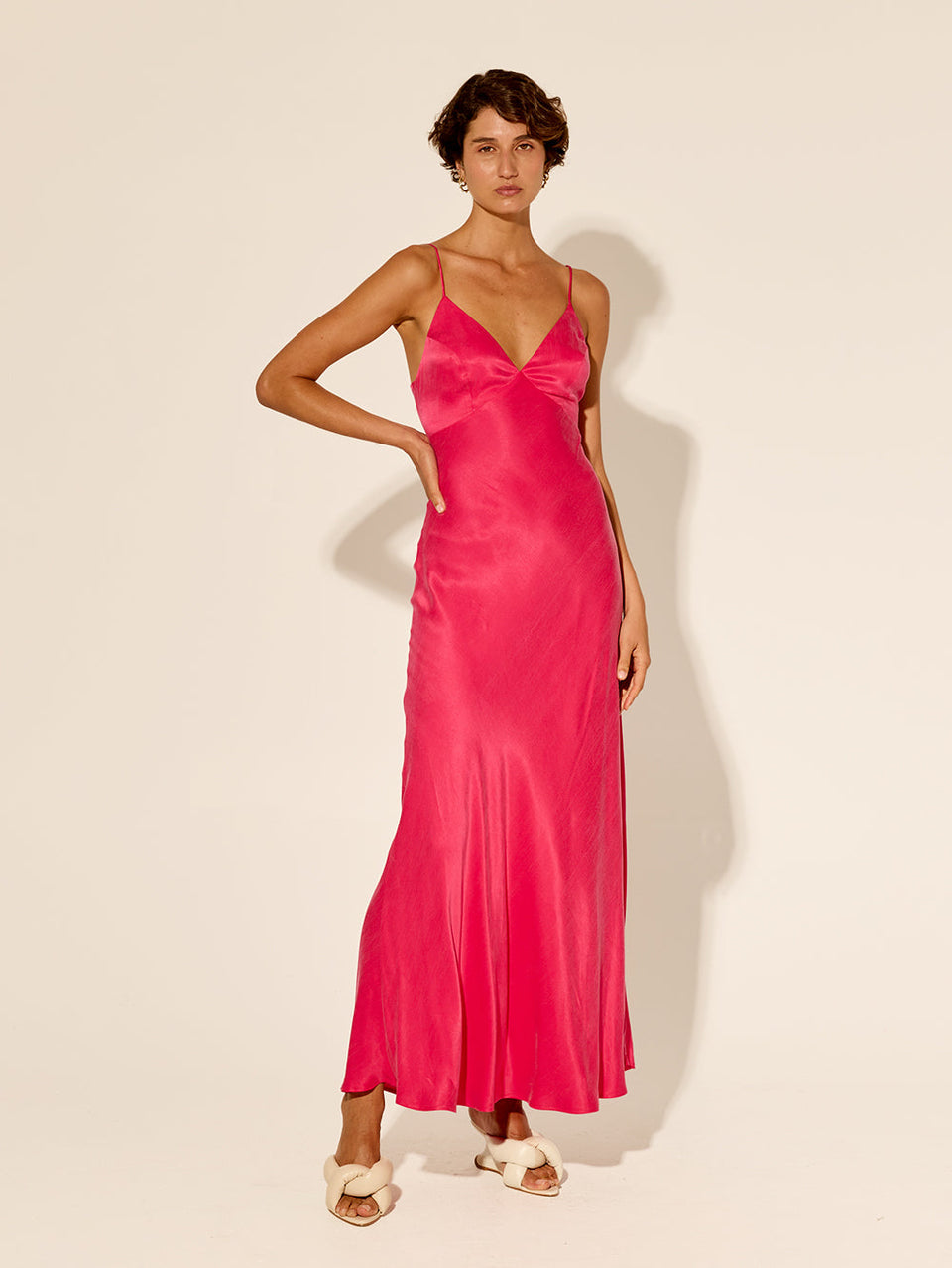 Bianca Slip Dress Pink KIVARI | Model wears hot pink slip dress