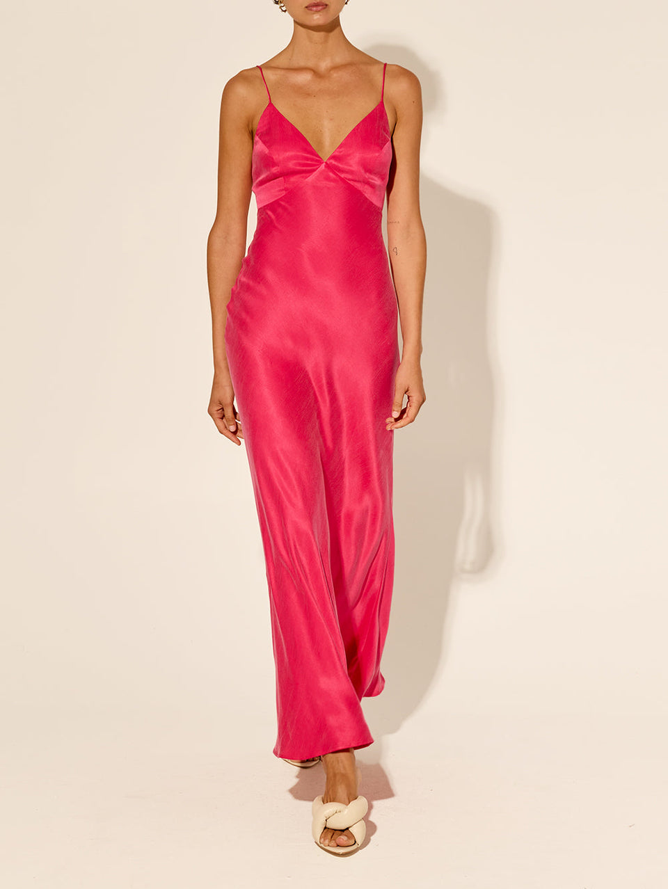 Bianca Slip Dress Pink KIVARI | Model wears hot pink slip dress